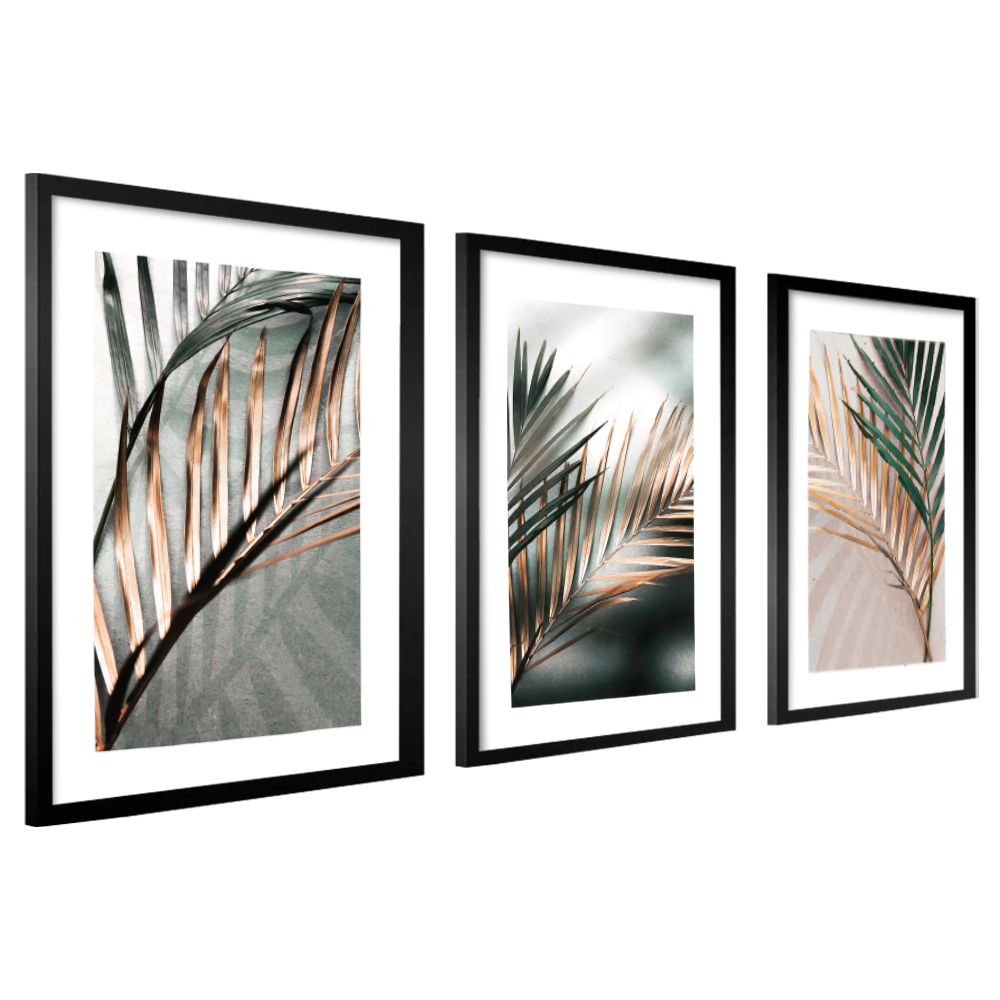 Kit 3 Quadros Decorativos Modernos Para Sala Moldura Quarto Folhagem Costela Verde Dourada