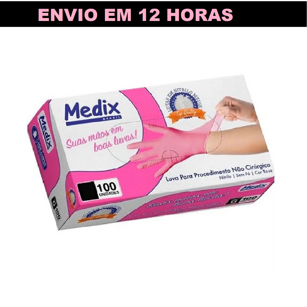 Luva Descartável Nitrílica Rosa Sem Pó C/100 Unidades Medix