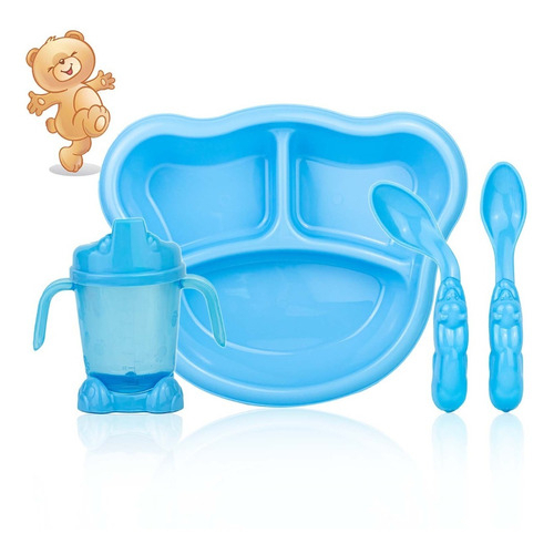 Kit Refeição Pratinho Infantil Alta Qualidade 4 Peças Prato Talheres e Copo Alimentação Infantil Bebês