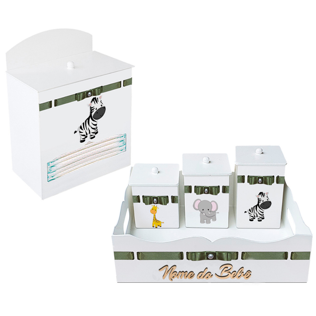 Kit Higiene Cesta com Potes e Porta Fralda em Madeira MDF Tema Safari em Oferta na Shopee