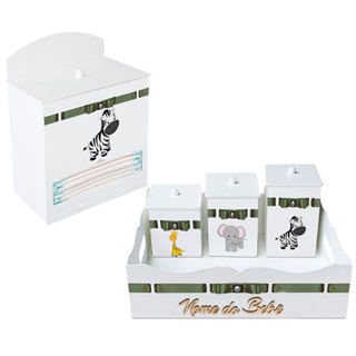 Kit Higiene Cesta com Potes e Porta Fralda em Madeira MDF Tema Safari em Oferta na Shopee