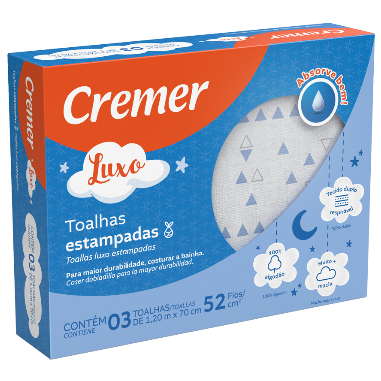 Toalha Fralda Estampada Luxo c/ 3 unidades - Azul | CREMER