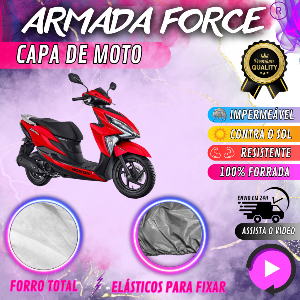 Capa para Cobrir Moto Honda ELITE 125 100% Forrada Forro Total Armada Force 100% Impermeável Forro Total Protege Sol Chuva Poeira Lona Proteção Automotiva