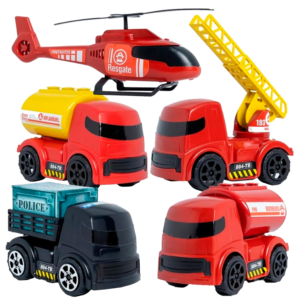 KIT 5 BRINQUEDOS CAMINHÃO BOMBEIRO POLÍCIA HELICÓPTERO ZUCA TOYS