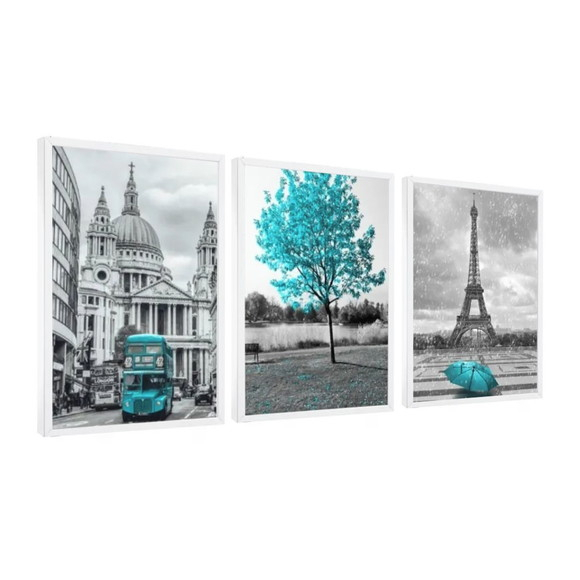 Quadros Decorativo 3 peças 60x40 Mosaico Mdf Alta Resolução Full HD Paris Torre Eiffel Azul Turquesa