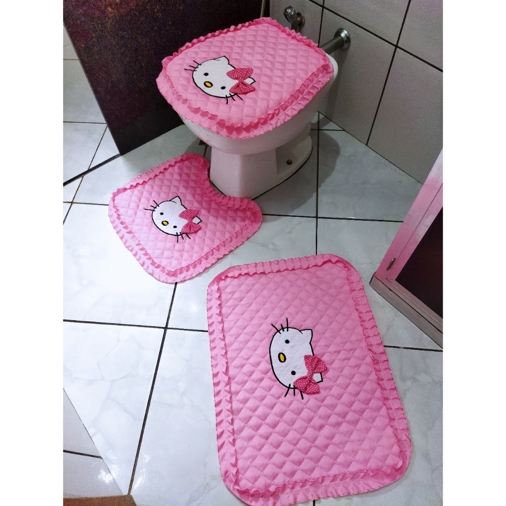 Jogo de banheiro gatinho igual Hello Kitty rosa fofa kit tapetes kawaii 3 peças capa vaso sanitário tecido metalassê laço de bolinha