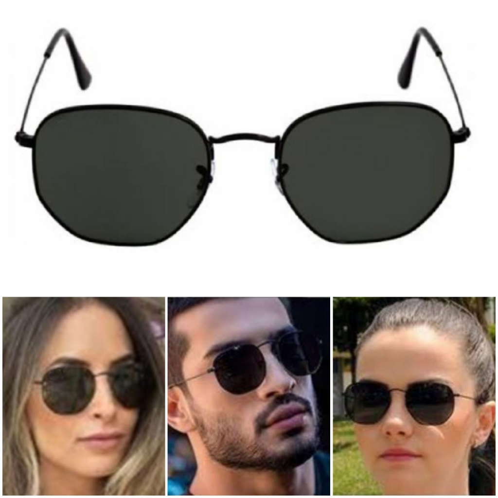 Óculos De Sol Hexagonal Preto Preto Clássico Masculino Feminino Proteção UV400 Lente De Cristal Promoção