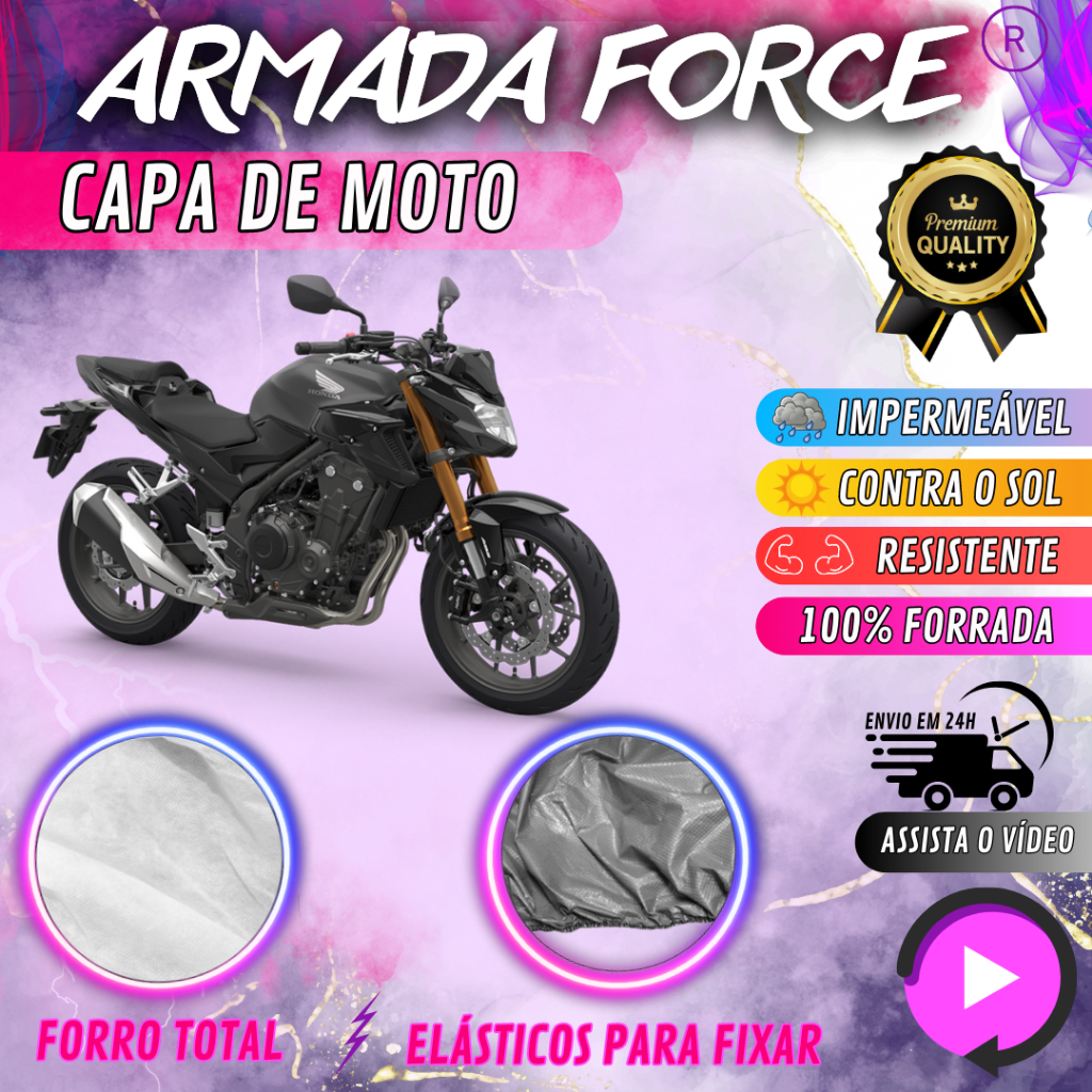 Capa para Cobrir Moto Honda CB 500F 100% Forrada Forro Total Armada Force 100% Impermeável Forro Total Protege Sol Chuva Poeira Lona Proteção Automotiva