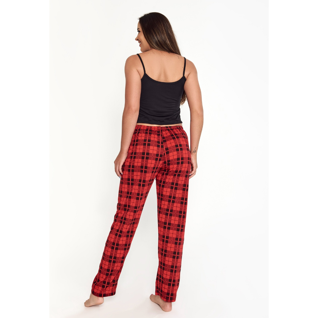 Pijama Feminino Cropped Alcinha Calça Xadrez Comprida Outono Inverno