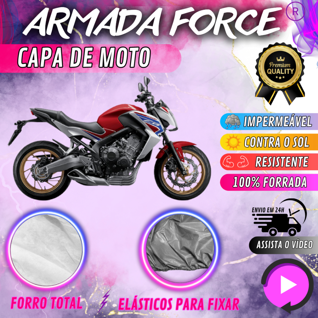 Capa para Cobrir Moto Honda CB 650F 100% Forrada Forro Total Armada Force 100% Impermeável Forro Total Protege Sol Chuva Poeira Lona Proteção Automotiva