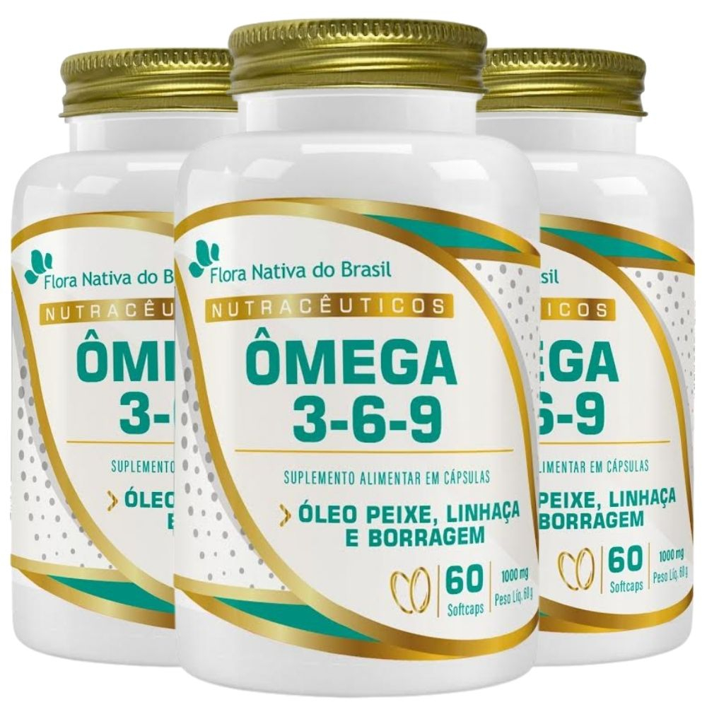 Kit 3X Ômega 3,6,9 (Óleo de peixe, linhaça e borragem) 60 cápsulas - Flora Nativa