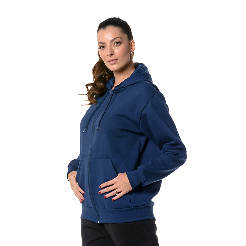 Blusa Moletom com Ziper Feminino Flanelado Quentinho Casaco com Capuz e Bolsos