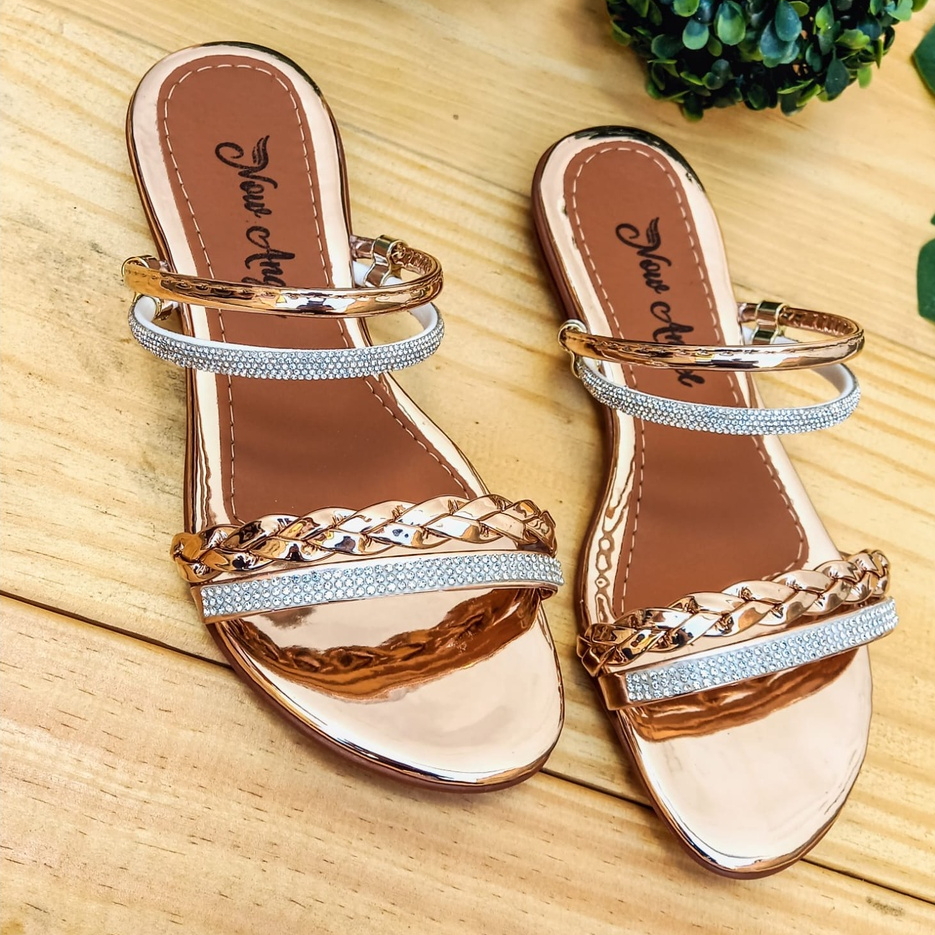 Sandália Feminina Dourada Rasteirinha Feminina Brilho Chinelo Metalizado Feminino Moda Confortável Flat