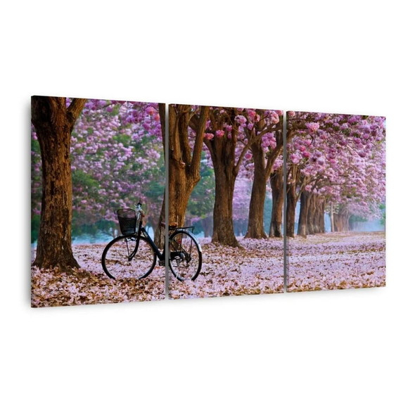 Quadros Decorativo 3 peças 60x40 Mosaico Mdf Alta Resolução Full HD Paisagem Flor Cerejeira Bicicleta Decorativo