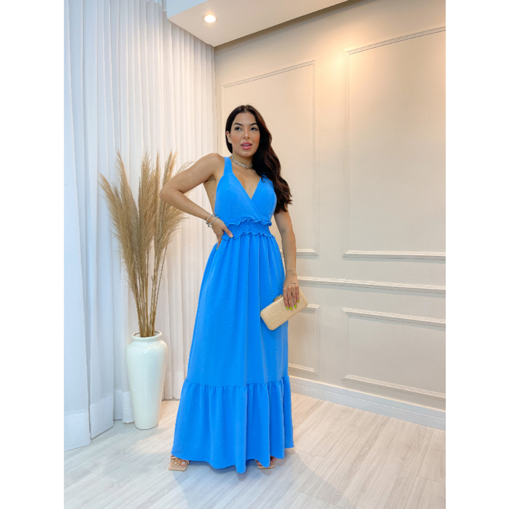 Vestido Longo Feminino acinturado latex com alças 2024 x054