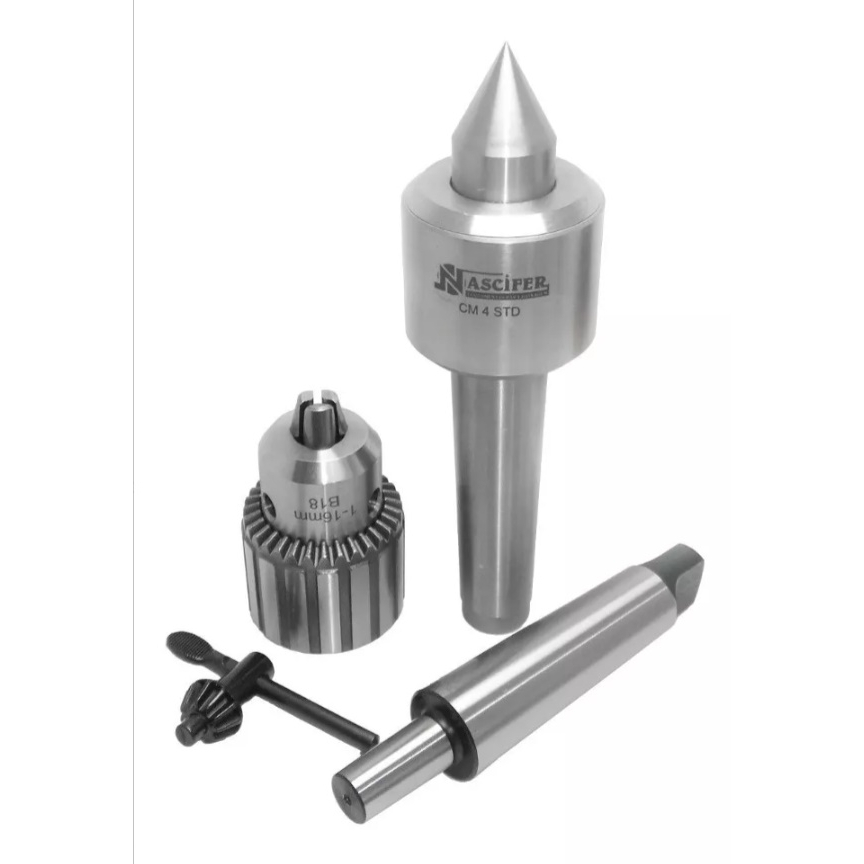 Kit Ponta Rotativa Cone Morse 4 STD + Mandril 5/8'' Com Chave + Haste Para Mandril Cone Morse 4