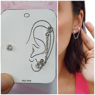 Brinco corrente aço inox cirúrgico earcuff ear cuff pedra strass brilho ponto de luz