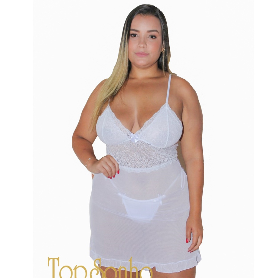 Camisola - Plus Size - Camisolas Plus em Tule com calcinha - Lingerie