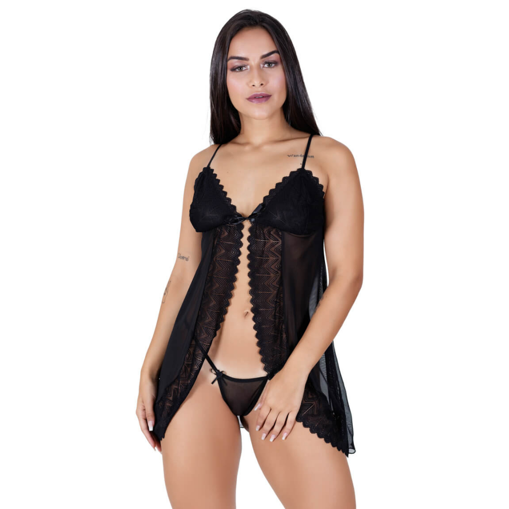 Camisola - Aberta de Tule com renda - Lingerie Sexy - com Calcinha