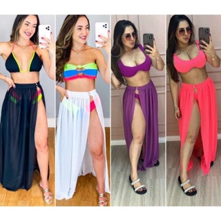 Saida de praia longa botão fenda em Oferta na Shopee