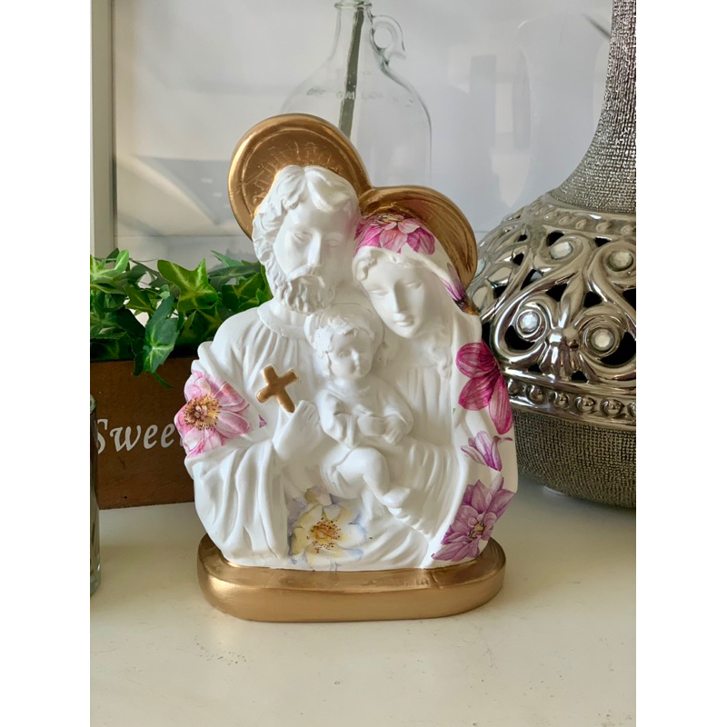 sagrada família manto Flor lilás rosa 20 cm dourada gesso em Oferta na Shopee