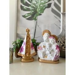 kit nossa senhora aparecida 20 cm + sagrada família 20 cm manto Flor lilás dourada gesso