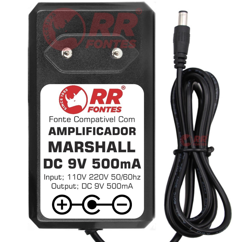 Fonte DC 9v 0.5A Para Amplificador de Guitarra Marshall Ms2 Ms4