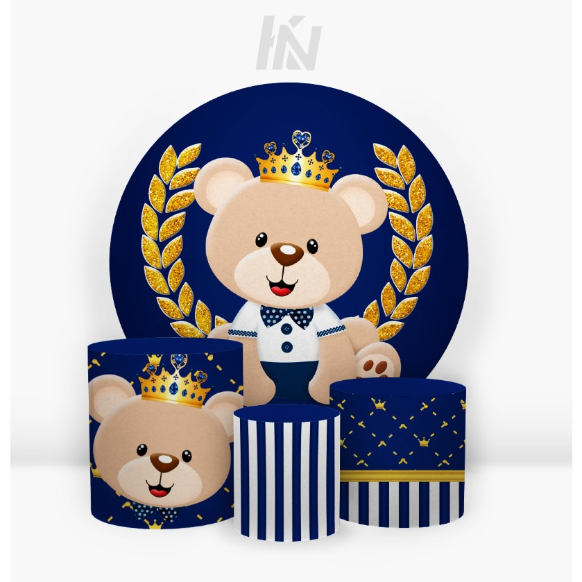 Kit Painel Redondo + Trio Capas De Cilindro Medidas Padrões Tema Urso Realeza