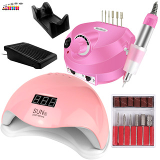 Kit Cabine Sun 5 Led Uv 48w Unha Gel Acrigel Porcelana + Motor Porquinho Lixa Lixadeira de Unhas Elétrica Manicure Profissional