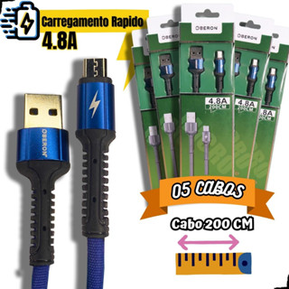 KIT 05 Cabos Micro-usb V8 Cabo 2 Metros Carregamento Rápido Transferência de Dados