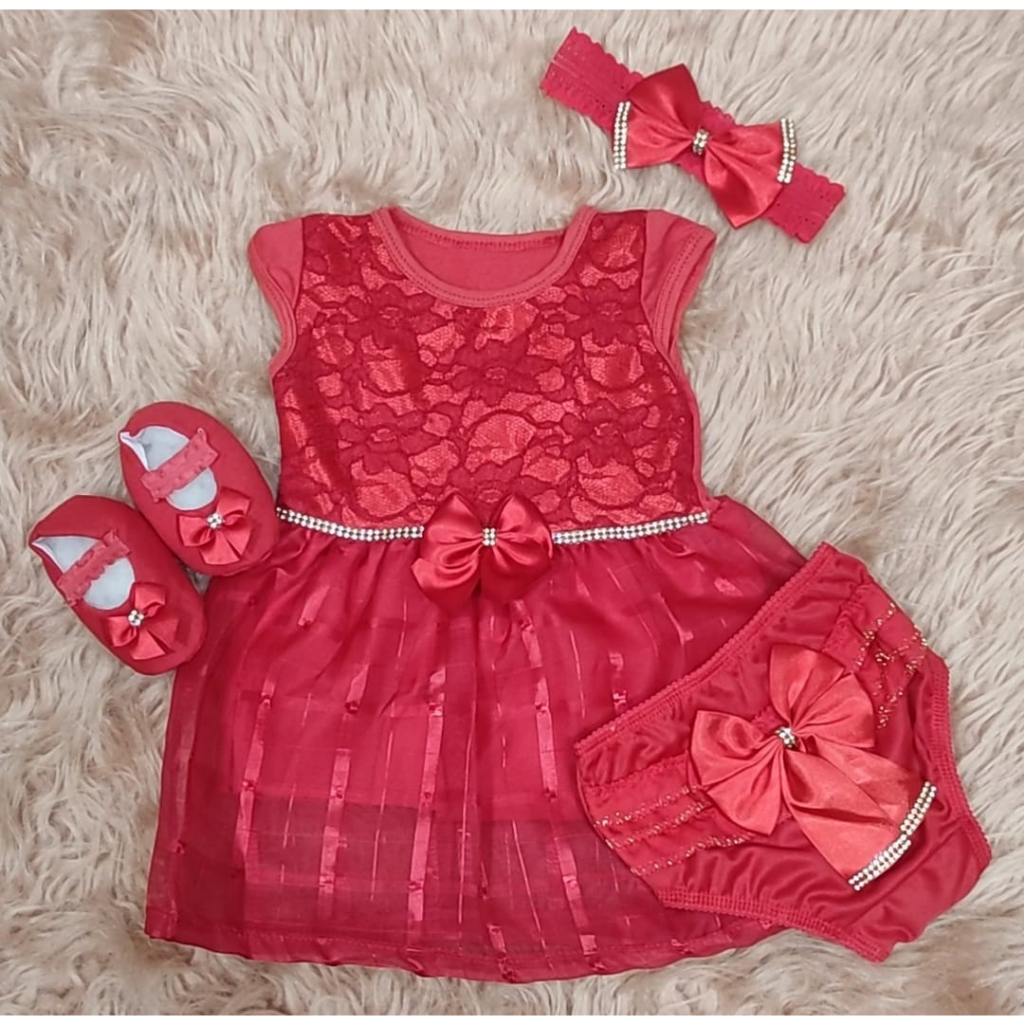 Conjunto Infantil Vestido Feminino Luxo Sapatinho Calcinha E Laço Premium