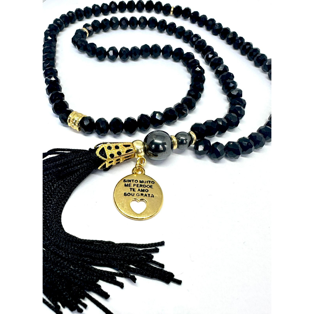 Colar Japamala Cristal 108 Contas Preto Com Hematita 8mm Detalhes em Dourado Purificação