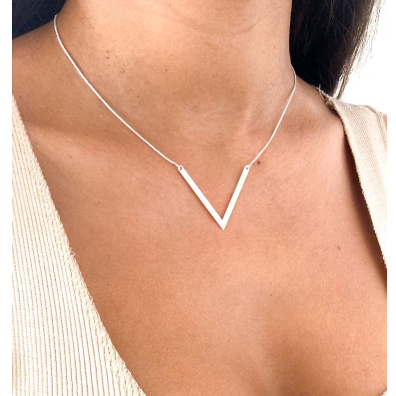 Colar em V Feminino Choker Minimalista Geometrico Corrente Veneziana Folheado a Prata 925