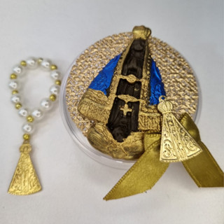 kit Lembrancinhas Nossa senhora Aparecida para montar 10 latinhas acrílico transparente 5x2 + 10 mini terço de dedo cor a escolher + 10 apliques de biscuit + 10 circulo de tela de fundo para aplique para comunhão