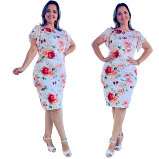 Vestido Midi Evangelico Suplex Manga Babado Estampado Tubinho Gola Redonda
