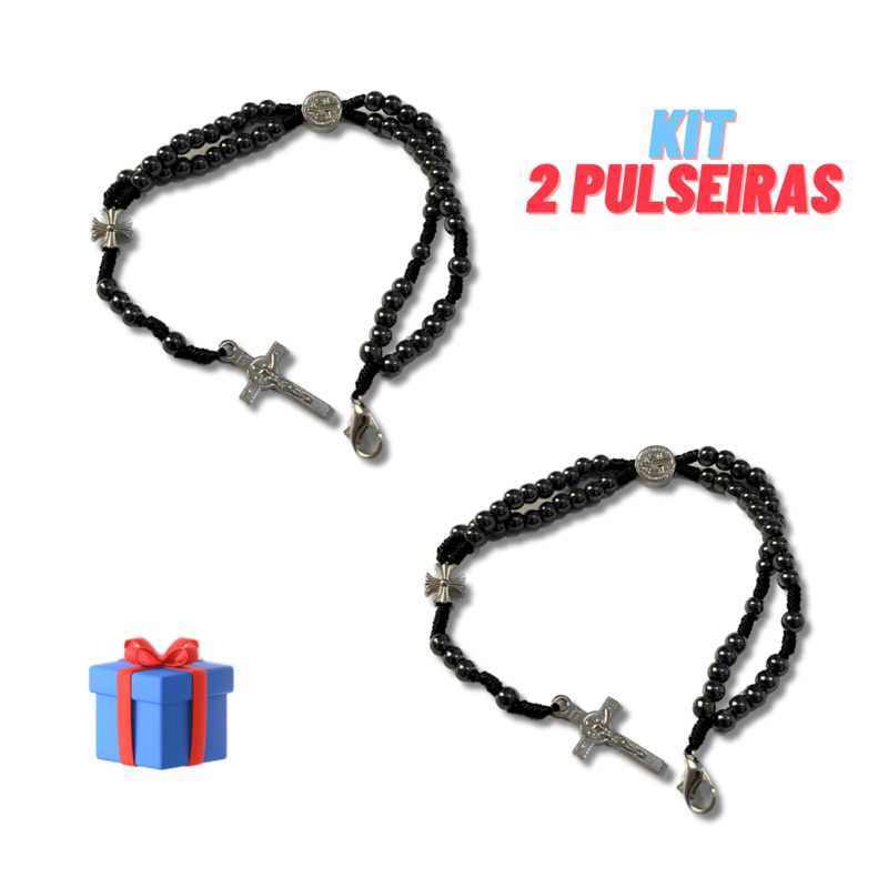 2 Terços de Pulso Pulseiras Medalha de São Bento Hematita - Proteção Divina
