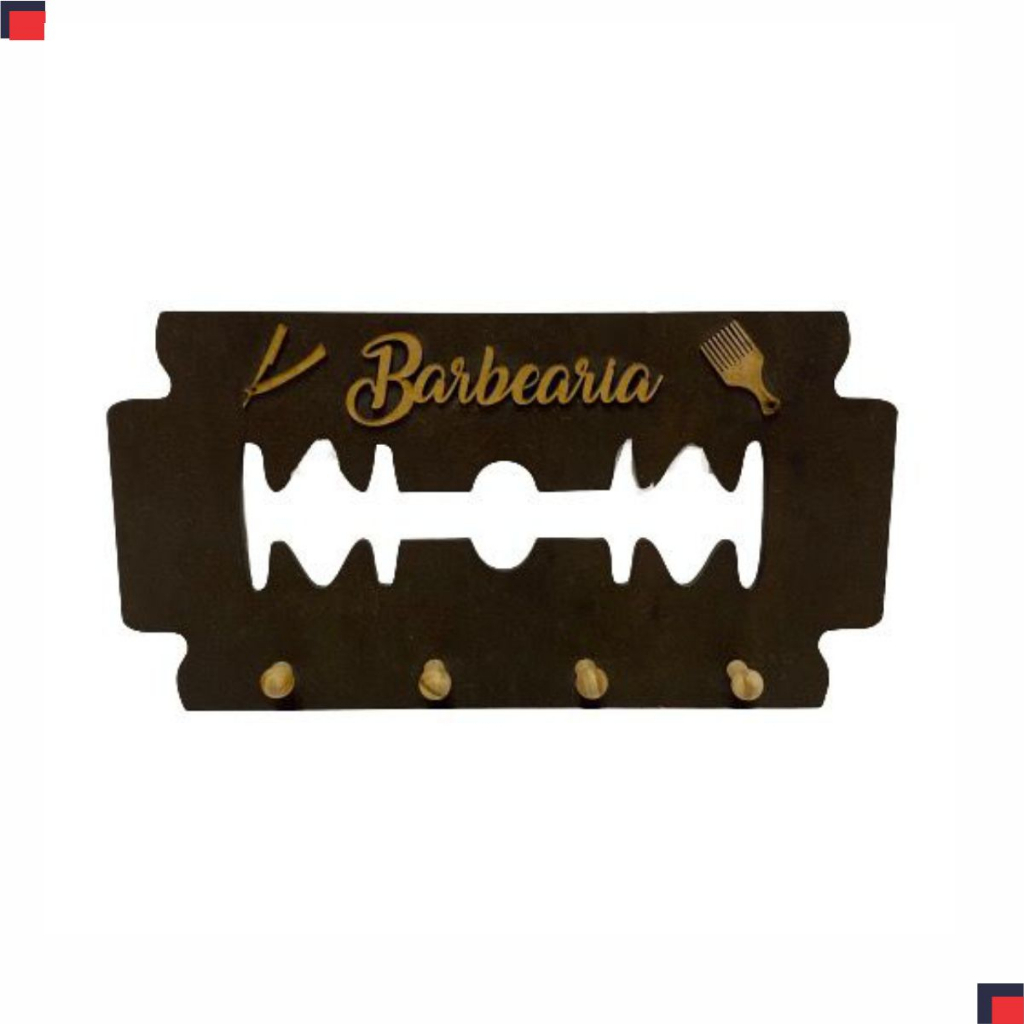 Cabide Barberia Modelo Gilete MDF 4 pinos Personalizado Para Barbeiros