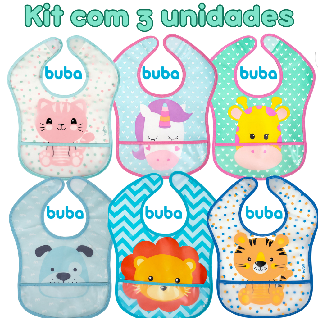 Babador Bebe Kit Com 3 Unidades Impermeável e Com Bolso Pega Migalhas