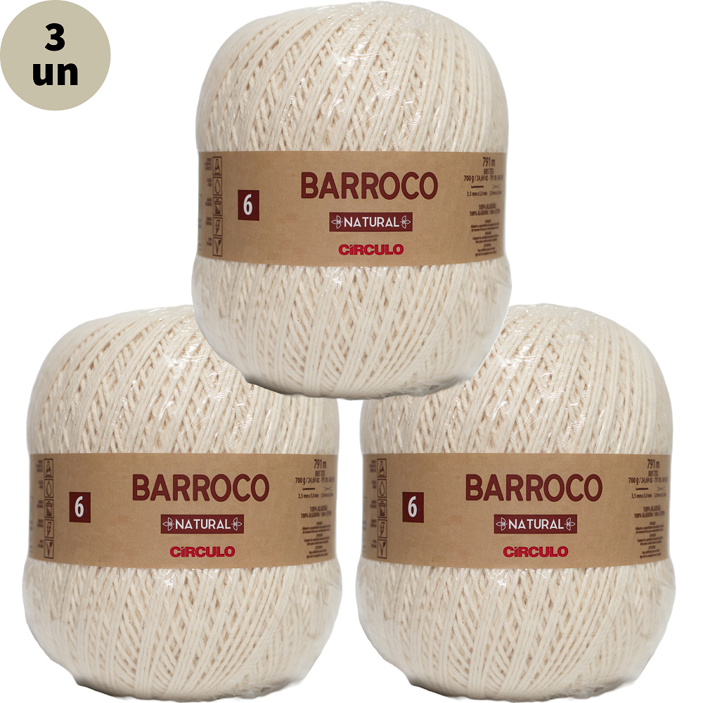Kit 3 Barbante Cru Barroco Natural Espessura Fio N° 6 com 791 Metros Circulo,Crochê, Tricô, Tear, Amigurumi e Artesanato