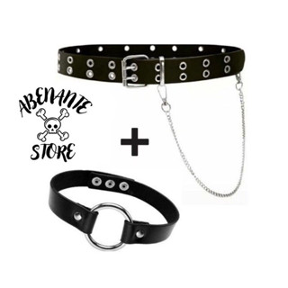 Cinto Ilhos Duplo + correntinha + Choker argola em couro Sintético moda Egirl, Kawaii, Harajuku Punk Rock