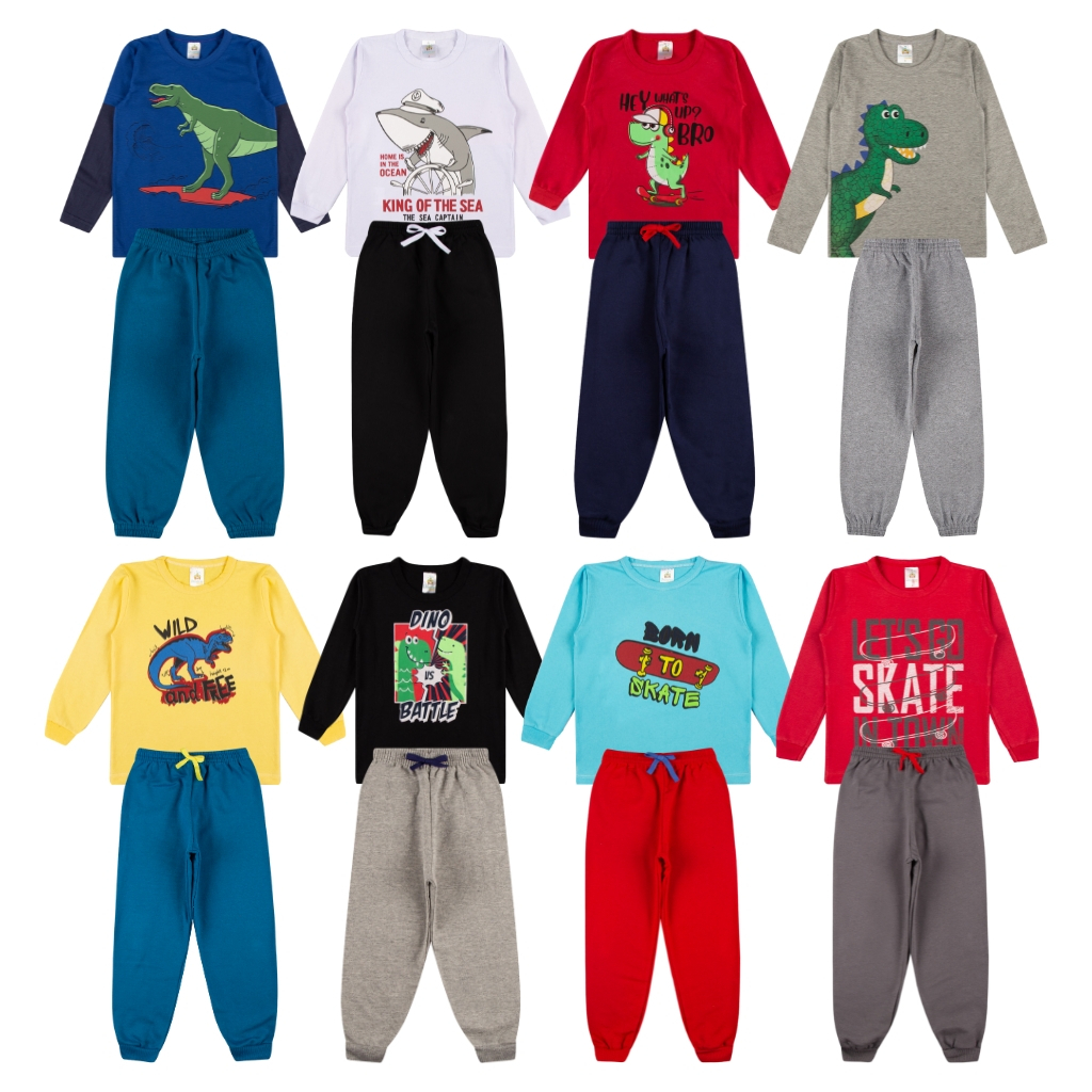 Kit Sortido 6 Peças de Roupas Masculino Infantil Inverno Meia Estação – 3 camisas manga longa + 3 calças de Moletom em Oferta na Shopee