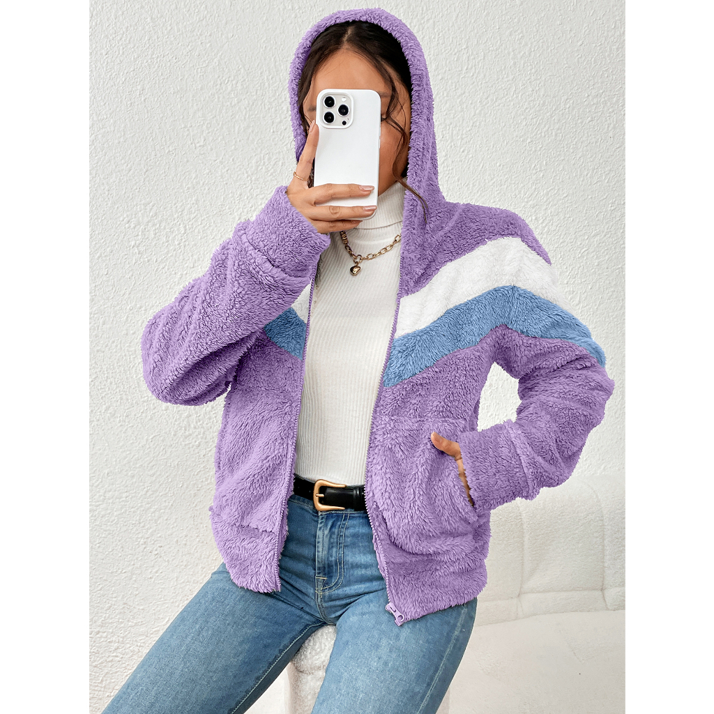Blusa casaco pelúcia de frio colorida colors manga longa com capuz e bolso moda teddy A368/ A357