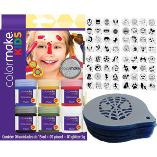 Tinta Corporal Rosto Infantil 6 cores + Pincel + glitter + 64 Stencil em Oferta na Shopee
