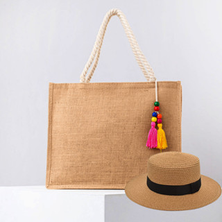 Kit Chapéu Paris Boater e Bolsa de Juta Com Alça de Corda e Chaveiro Promoção - Conjunto Praiana Verão 2022 - Linha Luxo