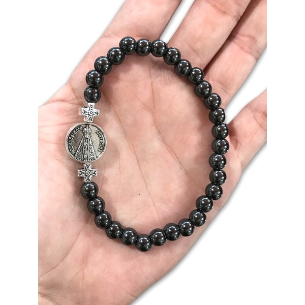 Pulseira Com Medalha Nossa Senhora Aparecida Em Pedra De Hematita
