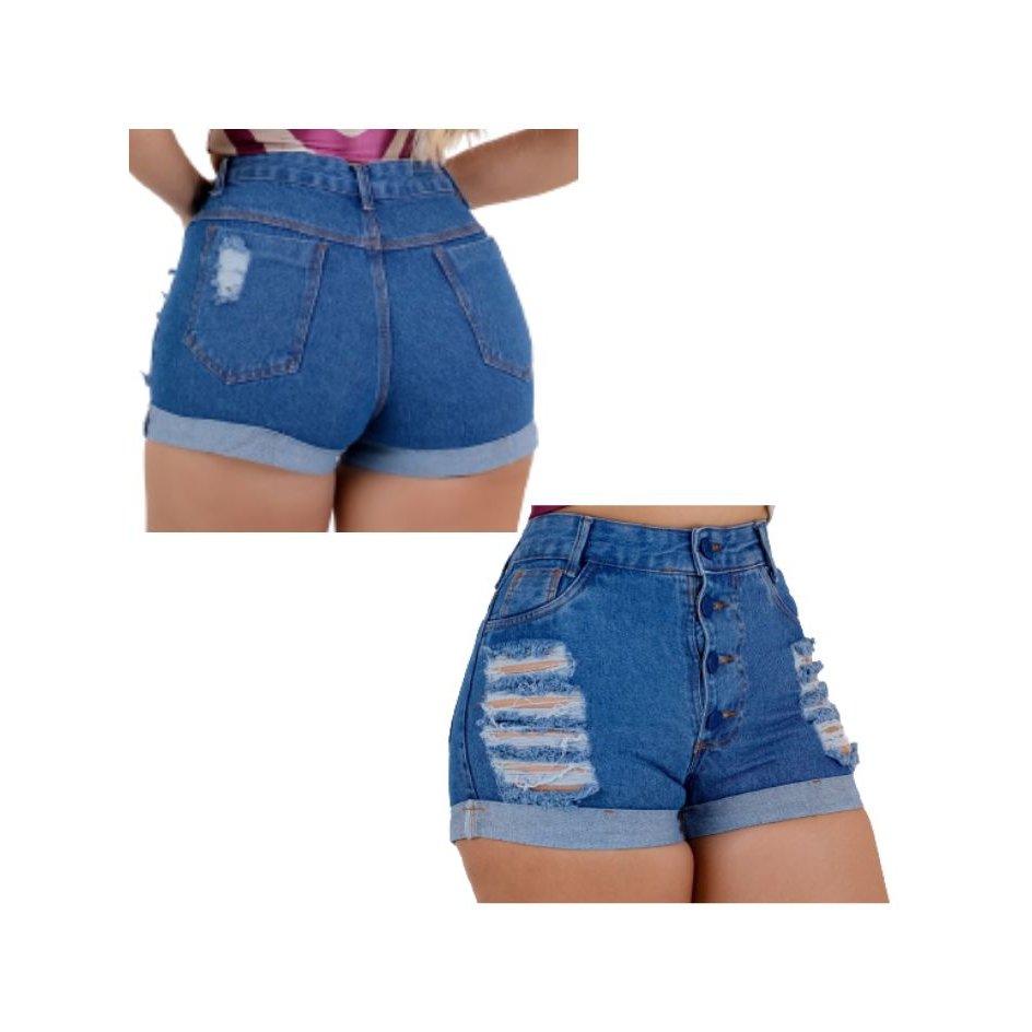 Short Feminino Jeans Destroeyd Cós Alto sem Lycra Short Cintura Alta, levanta o bumbum