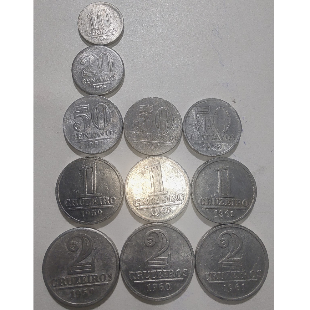 Lote de Moedas Série Alumínio (10 Centavos 1956, 20 Centavos 1956, 50 Centavos 1957,1958 e1959, 1 Cruzeiro 1959,1960 e 1961, 2 Cruzeiros 1959,1960 e 1961)