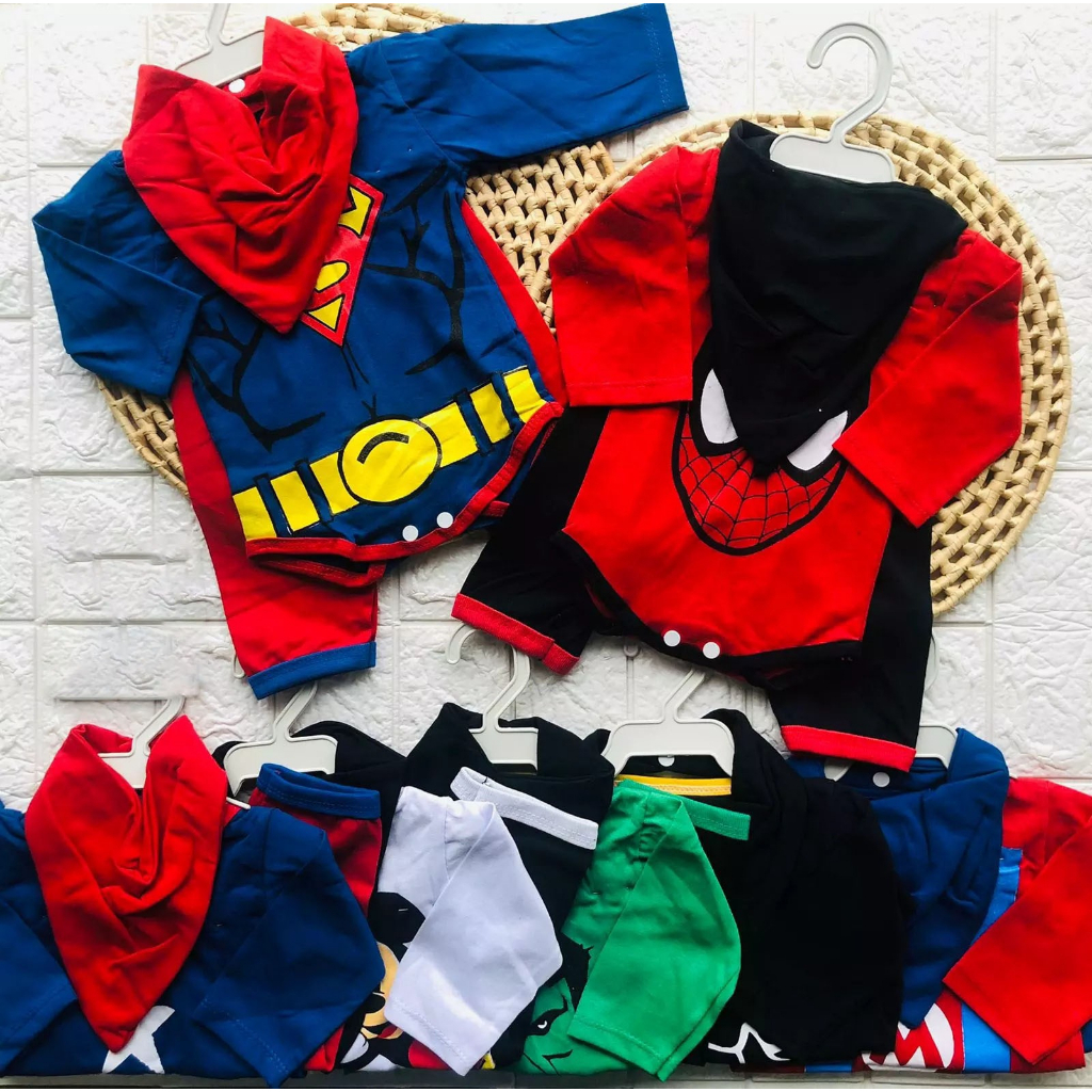Conjunto bebê body manga curta ou longa + calça + bandana Heróis Mesversário 0-3 e 3-6 meses batman hulk mickey tik tok