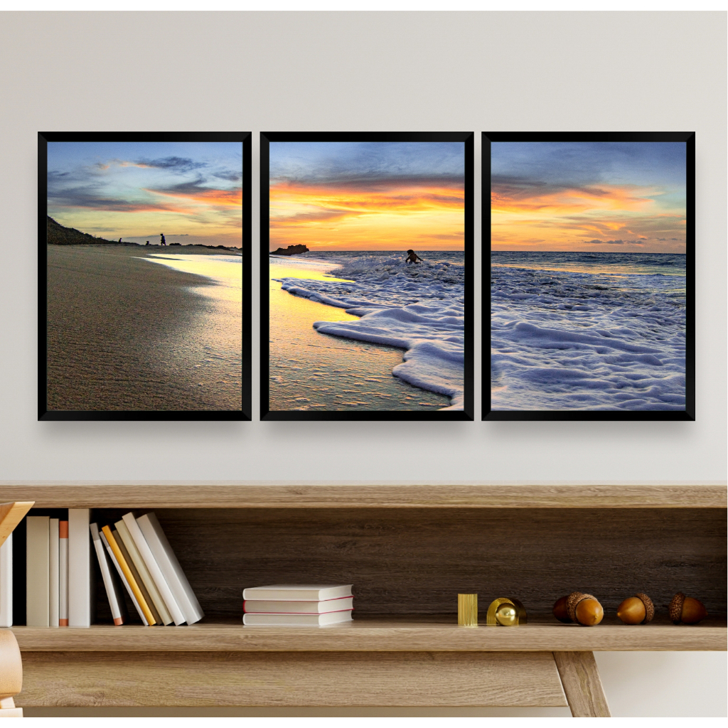 kit 3 quadros praia por do sol mar ondas nascer do sol decoração praiana com molduras