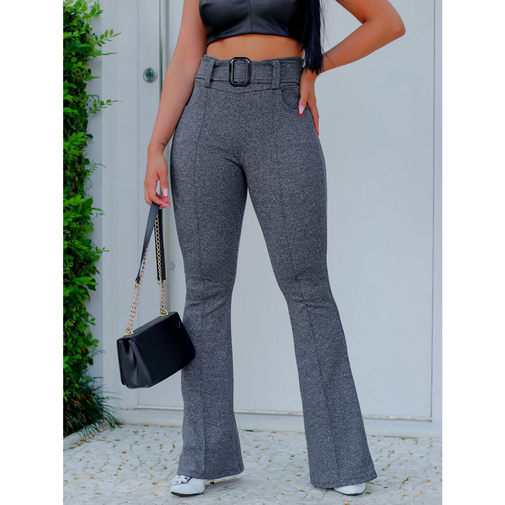 Calça Feminina Moda Flare Tecido Crepe Bolsos Frontais